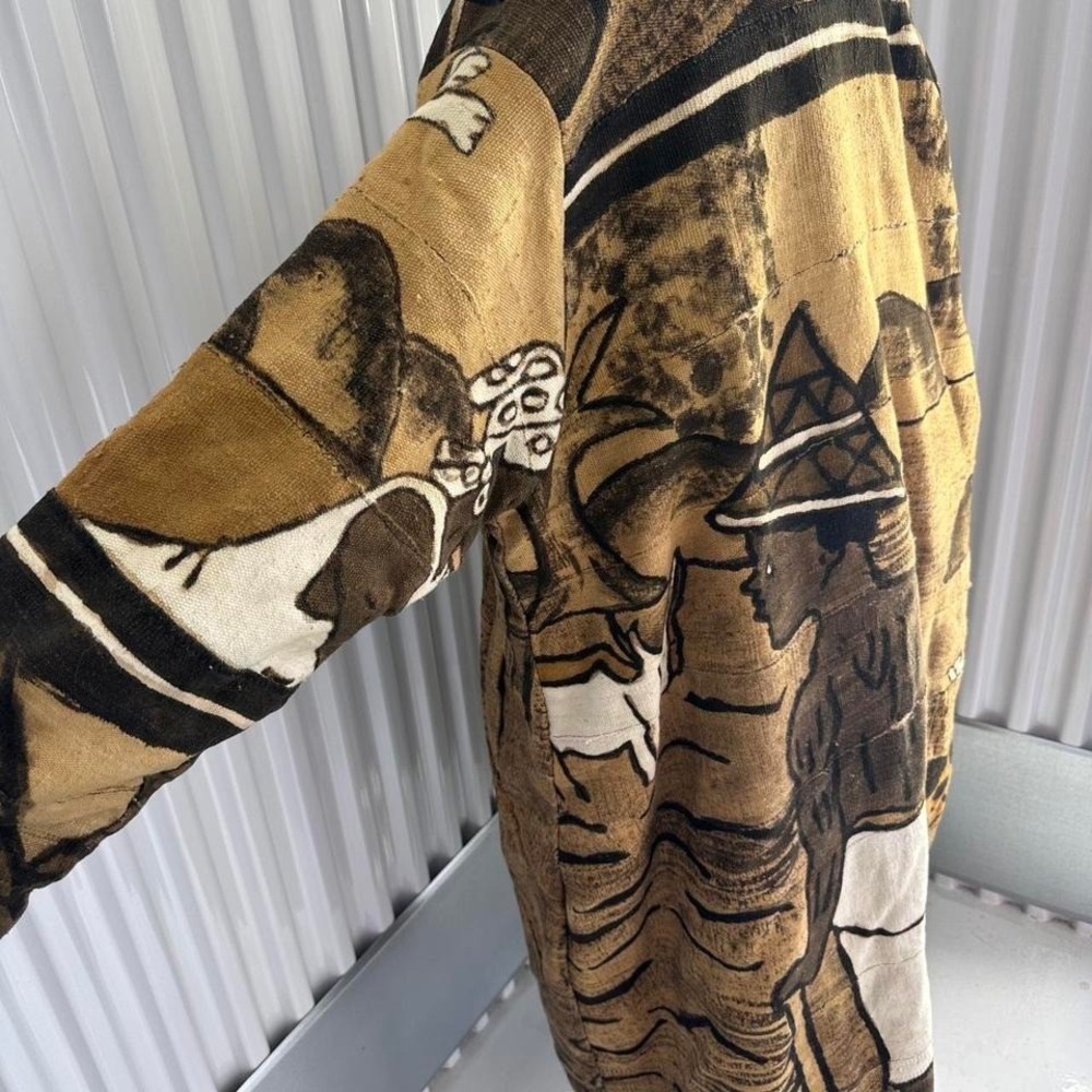 EPIC RARE Vintage Mudcloth Jacket! Fleece Lined & Oversized! Trench Coat Length - Picture 4 of 5